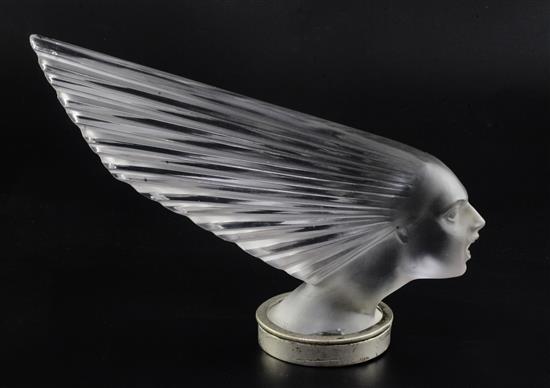 A rare René Lalique Victoire car mascot, height incl. mount 16.3cm length approx. 25.5cm